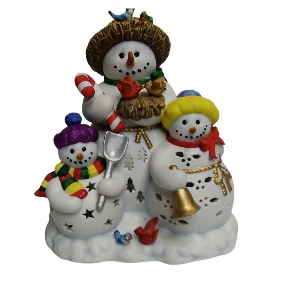 Vintage PartyLite Snowbell Snowman Family Tealight Candle Holder w/ Box